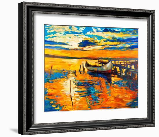 Moored Boat and Ocean Sunset-null-Framed Art Print