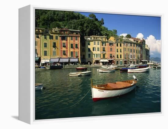 Moored Boats and Architecture of Portofino, Liguria, Italy, Mediterranean, Europe-Howell Michael-Framed Premier Image Canvas
