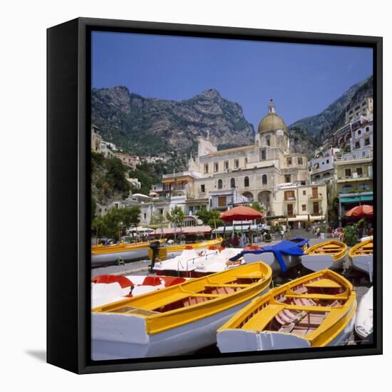 Moored Boats and Church, Positano, Campania, Itay-Roy Rainford-Framed Premier Image Canvas