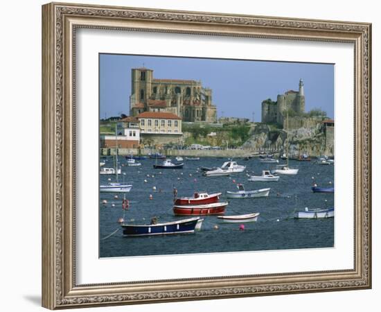 Moored Boats and the 12th Century Church of Santa Maria, Castro Urdiales, Cantabria, Spain-Maxwell Duncan-Framed Photographic Print