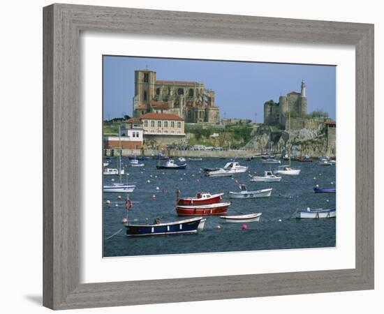 Moored Boats and the 12th Century Church of Santa Maria, Castro Urdiales, Cantabria, Spain-Maxwell Duncan-Framed Photographic Print