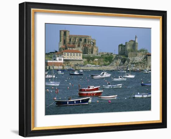 Moored Boats and the 12th Century Church of Santa Maria, Castro Urdiales, Cantabria, Spain-Maxwell Duncan-Framed Photographic Print