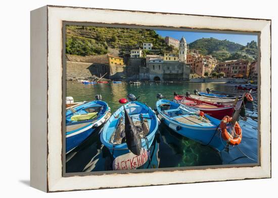 Moored Fishing Boats in the Small Port of Vernazza, Cinque Terre, Liguria, Italy-Stefano Politi Markovina-Framed Premier Image Canvas