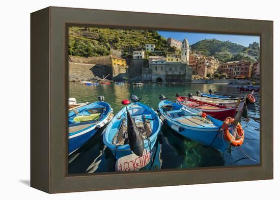 Moored Fishing Boats in the Small Port of Vernazza, Cinque Terre, Liguria, Italy-Stefano Politi Markovina-Framed Premier Image Canvas