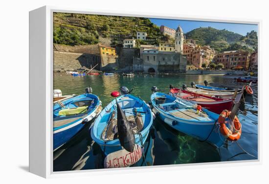 Moored Fishing Boats in the Small Port of Vernazza, Cinque Terre, Liguria, Italy-Stefano Politi Markovina-Framed Premier Image Canvas