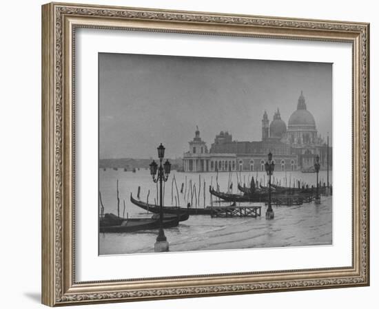 Moored Gondolas in Grand Canal by Flooded Piazza San Marco with Santa Maria Della Salute Church-Dmitri Kessel-Framed Photographic Print