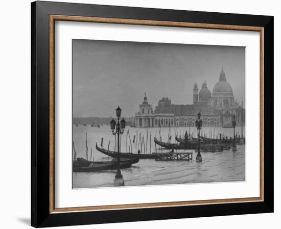 Moored Gondolas in Grand Canal by Flooded Piazza San Marco with Santa Maria Della Salute Church-Dmitri Kessel-Framed Photographic Print