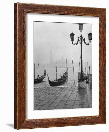 Moored Gondolas on a Foggy Grand Canal with Santa Maria Della Salute Church in the Background-Dmitri Kessel-Framed Photographic Print