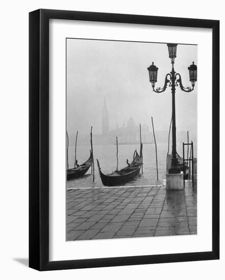 Moored Gondolas on a Foggy Grand Canal with Santa Maria Della Salute Church in the Background-Dmitri Kessel-Framed Photographic Print