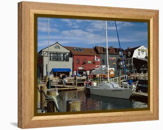 Moored Yacht and Wooden Buildings on the Waterfront at Bannister and Bowens Wharves, Rhode Island-Fraser Hall-Framed Premier Image Canvas