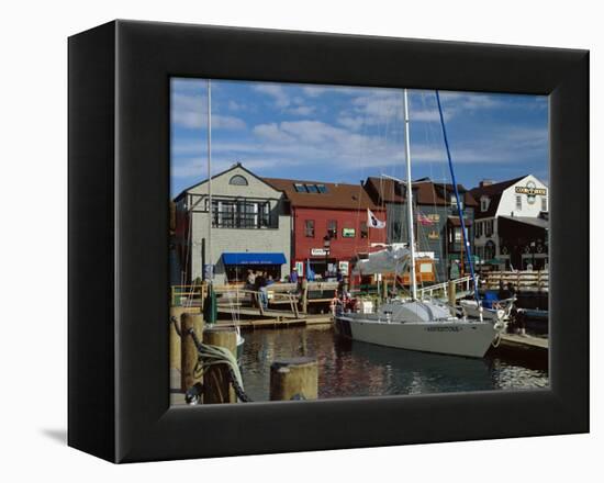 Moored Yacht and Wooden Buildings on the Waterfront at Bannister and Bowens Wharves, Rhode Island-Fraser Hall-Framed Premier Image Canvas