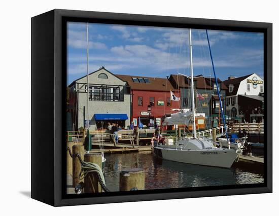 Moored Yacht and Wooden Buildings on the Waterfront at Bannister and Bowens Wharves, Rhode Island-Fraser Hall-Framed Premier Image Canvas