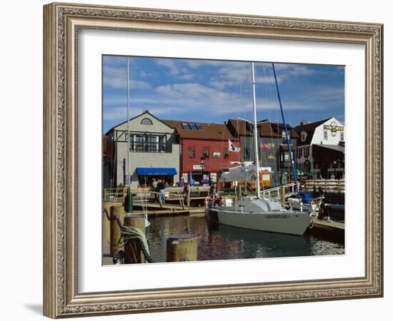 Moored Yacht and Wooden Buildings on the Waterfront at Bannister and Bowens Wharves, Rhode Island-Fraser Hall-Framed Photographic Print