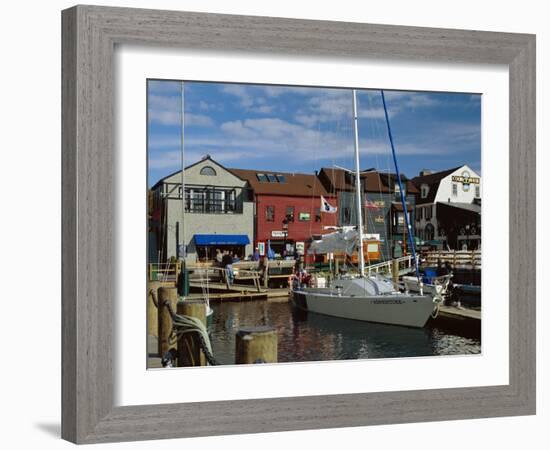 Moored Yacht and Wooden Buildings on the Waterfront at Bannister and Bowens Wharves, Rhode Island-Fraser Hall-Framed Photographic Print