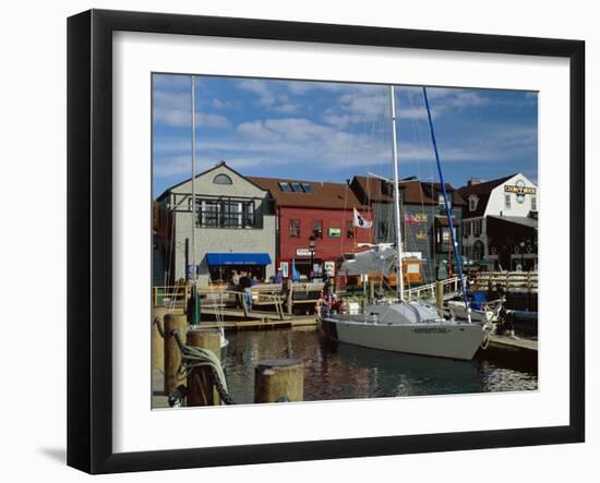 Moored Yacht and Wooden Buildings on the Waterfront at Bannister and Bowens Wharves, Rhode Island-Fraser Hall-Framed Photographic Print