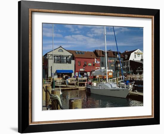 Moored Yacht and Wooden Buildings on the Waterfront at Bannister and Bowens Wharves, Rhode Island-Fraser Hall-Framed Photographic Print