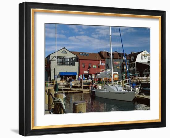 Moored Yacht and Wooden Buildings on the Waterfront at Bannister and Bowens Wharves, Rhode Island-Fraser Hall-Framed Photographic Print