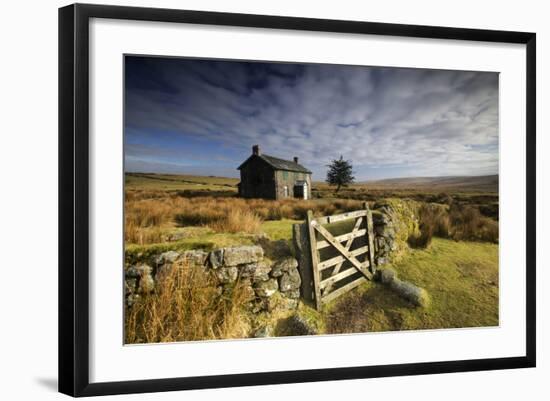 Moorland View Of Nun'S Cross Farm, Dry Stone Wall And Gate, Dartmoor, Devon, UK. February 2009-Ross Hoddinott-Framed Photographic Print