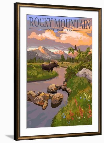 Moose and Meadow - Rocky Mountain National Park-Lantern Press-Framed Art Print