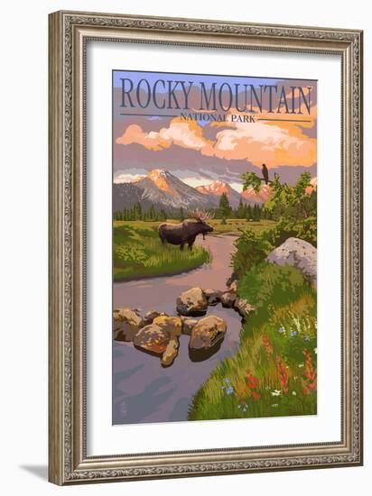 Moose and Meadow - Rocky Mountain National Park-Lantern Press-Framed Premium Giclee Print