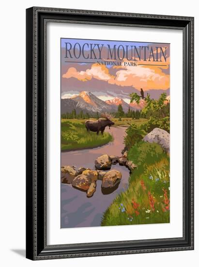 Moose and Meadow - Rocky Mountain National Park-Lantern Press-Framed Premium Giclee Print