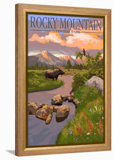 Moose and Meadow - Rocky Mountain National Park-Lantern Press-Framed Stretched Canvas