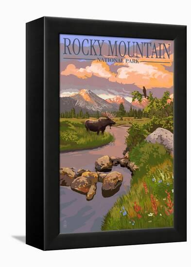 Moose and Meadow - Rocky Mountain National Park-Lantern Press-Framed Stretched Canvas