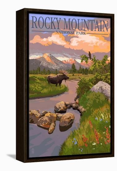 Moose and Meadow - Rocky Mountain National Park-Lantern Press-Framed Stretched Canvas