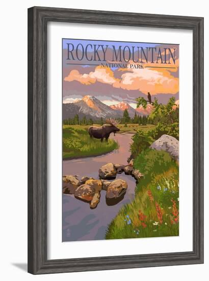 Moose and Meadow - Rocky Mountain National Park-Lantern Press-Framed Art Print