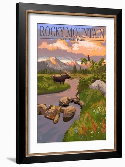 Moose and Meadow - Rocky Mountain National Park-Lantern Press-Framed Art Print