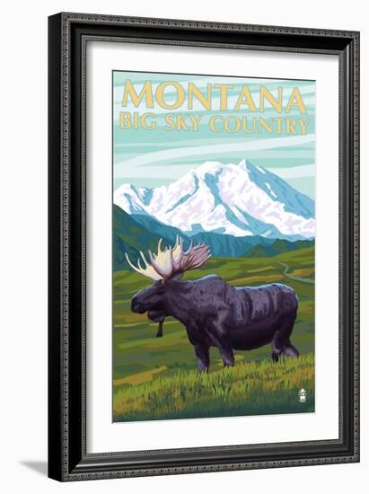 Moose and Mountain - Montana Big Sky Country, c.2009-Lantern Press-Framed Art Print