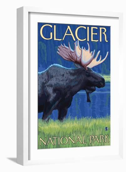 Moose at Night, Glacier National Park, Montana-Lantern Press-Framed Art Print