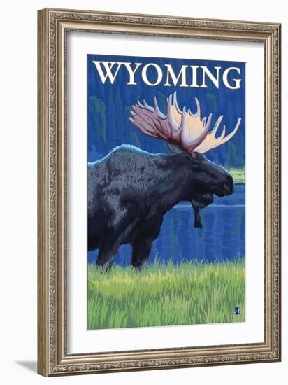 Moose at Night, Wyoming-Lantern Press-Framed Art Print