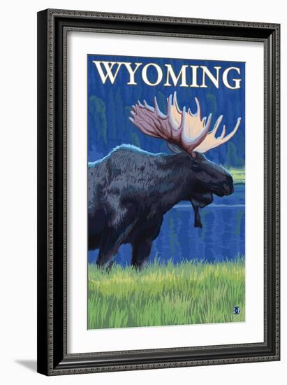 Moose at Night, Wyoming-Lantern Press-Framed Art Print