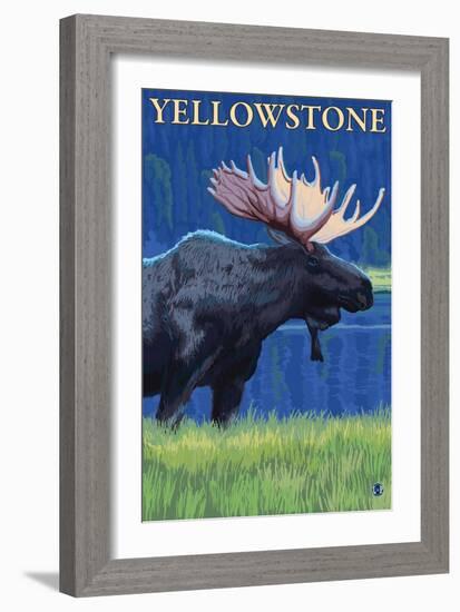 Moose at Night, Yellowstone National Park-Lantern Press-Framed Art Print