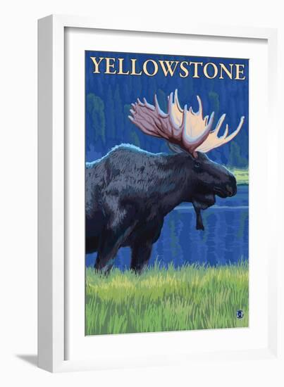 Moose at Night, Yellowstone National Park-Lantern Press-Framed Art Print