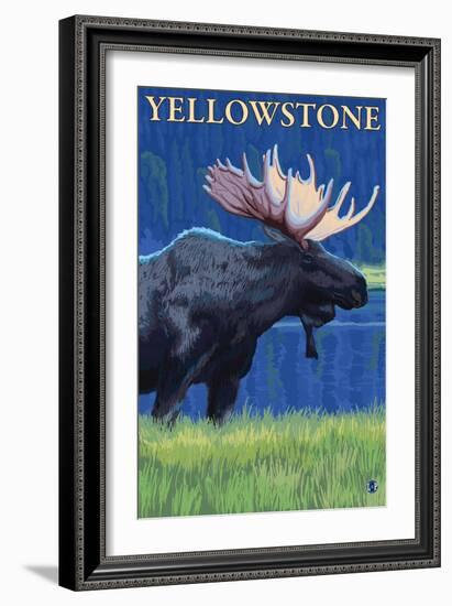 Moose at Night, Yellowstone National Park-Lantern Press-Framed Art Print