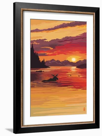 Moose at Sunset (Image Only)-Lantern Press-Framed Art Print