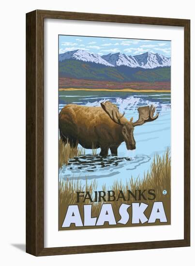 Moose Drinking at Lake, Fairbanks, Alaska-Lantern Press-Framed Art Print