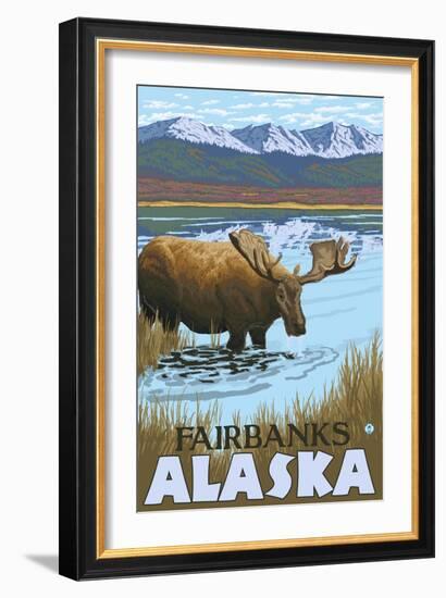 Moose Drinking at Lake, Fairbanks, Alaska-Lantern Press-Framed Art Print