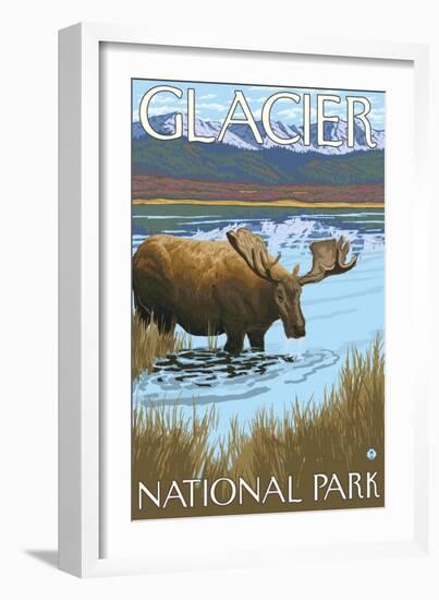 Moose Drinking at Lake, Glacier National Park, Montana-Lantern Press-Framed Art Print