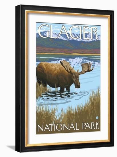 Moose Drinking at Lake, Glacier National Park, Montana-Lantern Press-Framed Art Print