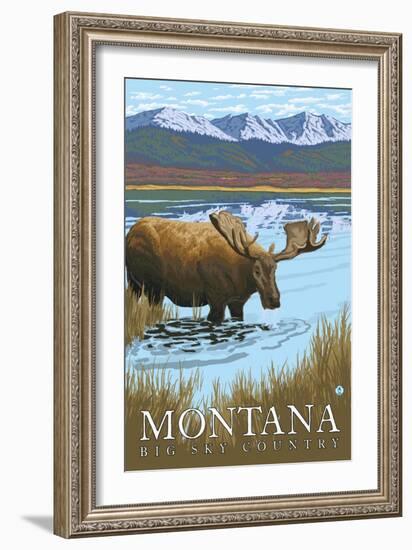 Moose Drinking at Lake, Montana-Lantern Press-Framed Art Print