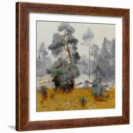 Moose Family Entering a Clearing, 1930 (Oil on Canvas)-Bruno Andreas Liljefors-Framed Giclee Print