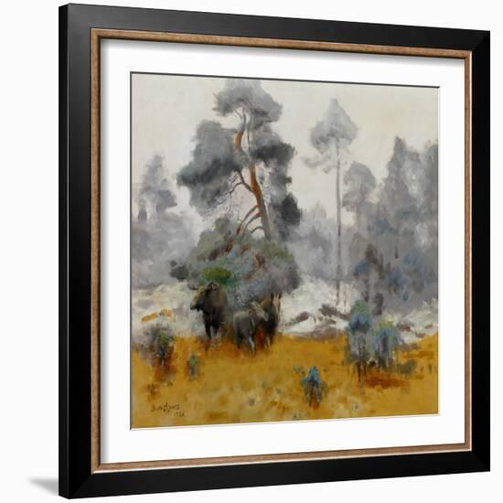 Moose Family Entering a Clearing, 1930 (Oil on Canvas)-Bruno Andreas Liljefors-Framed Giclee Print