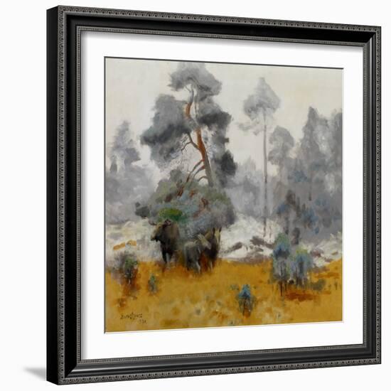 Moose Family Entering a Clearing, 1930 (Oil on Canvas)-Bruno Andreas Liljefors-Framed Giclee Print