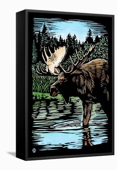 Moose - Scratchboard-Lantern Press-Framed Stretched Canvas