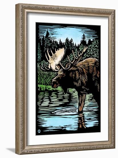 Moose - Scratchboard-Lantern Press-Framed Art Print