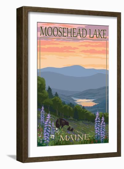 Moosehead Lake, Maine - Bears and Spring Flowers-Lantern Press-Framed Art Print