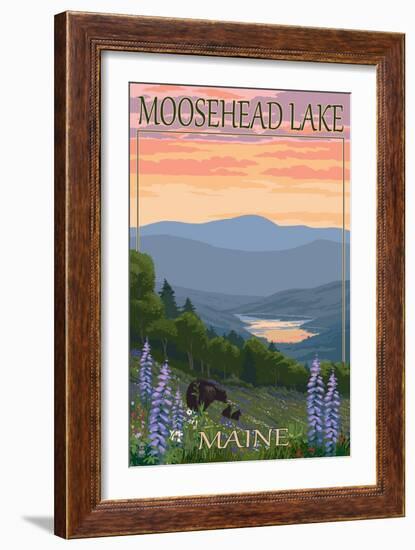 Moosehead Lake, Maine - Bears and Spring Flowers-Lantern Press-Framed Art Print